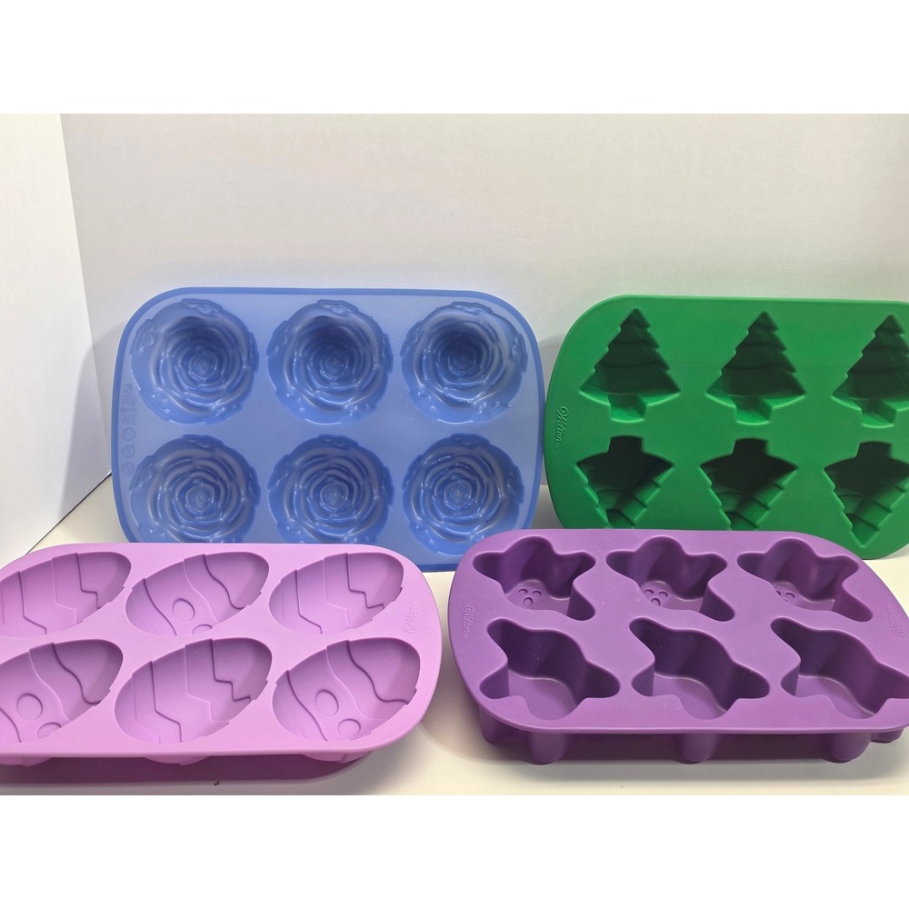 Wilton Silicone Baking Molds Set of 4 Christmas Tree Easter Egg Ghost Rose 6-Cup